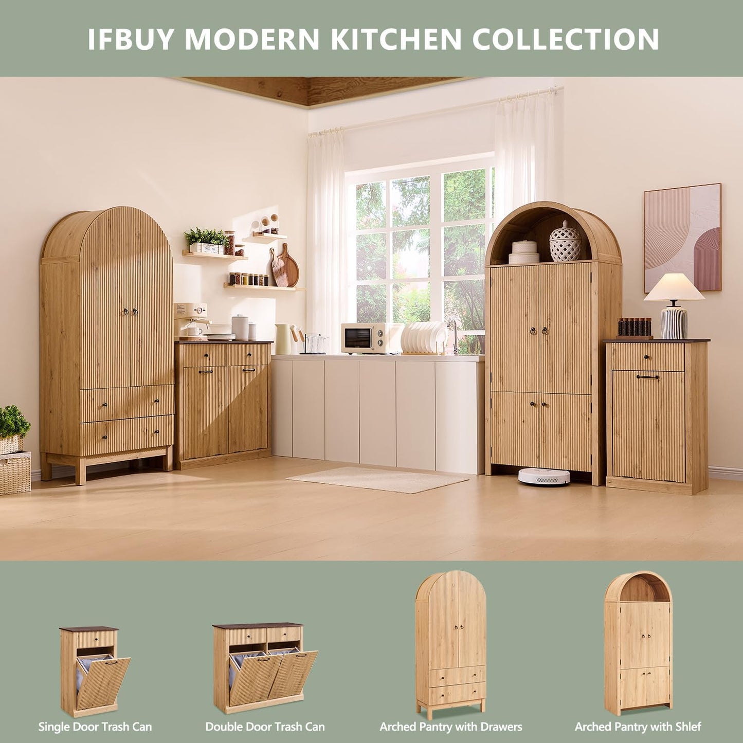 71" Tall Arched Bathroom Storage Cabinet, Modern Fluted Storage Cabinet w/Doors, 3 Adjustable