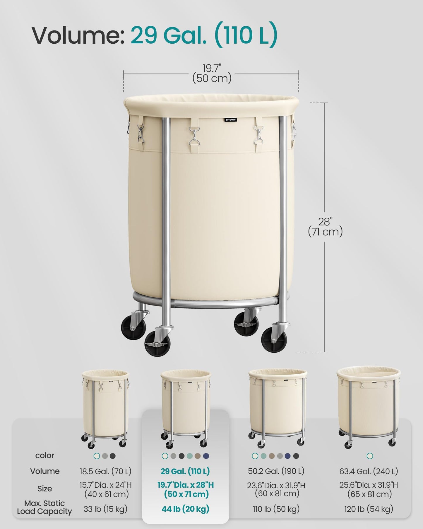 SONGMICS Laundry Basket with Wheels, 29 Gal., Steel Frame, Removable Bag