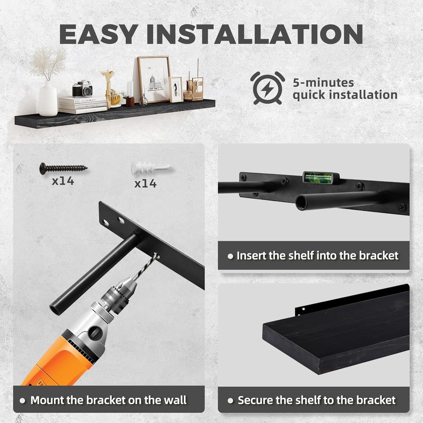 36"x6.8"x1.2" Solid Wood Floating Shelves 2-Pack - Rustic Black Finish with Hidden Brackets