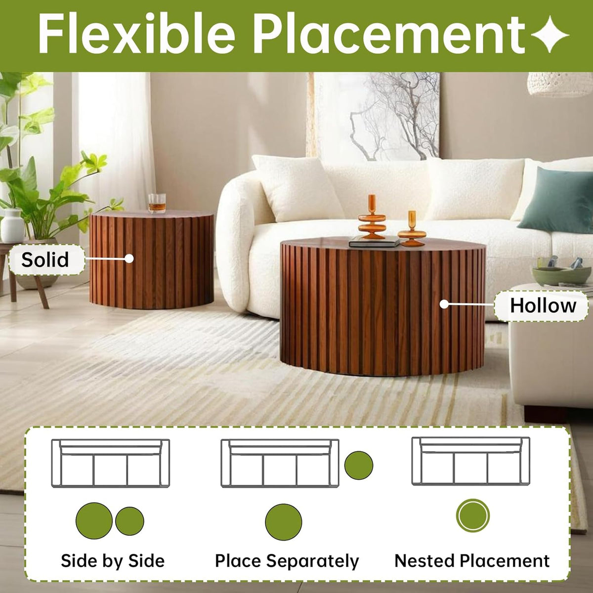 Round Nesting Coffee Table, Drum Wood Coffee Table Set of 2 Brown, Modern Fluted Nesting Tables
