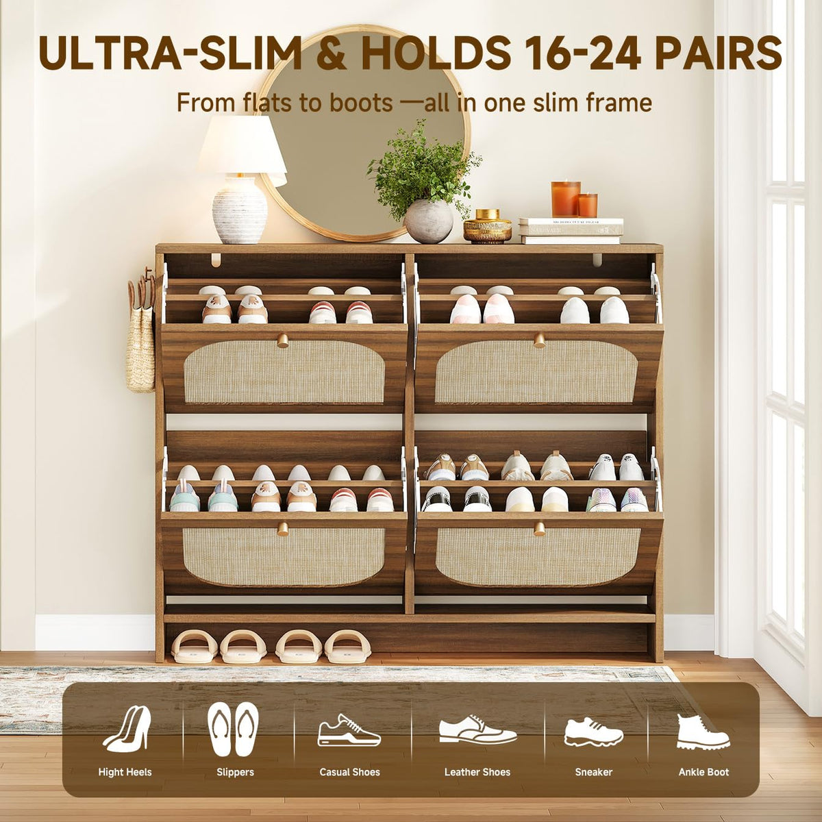 Nicetree Freestanding Ultra Slim Arched Rattan Accent Shoe Storage Cabinet for Entryway - 4 Flip