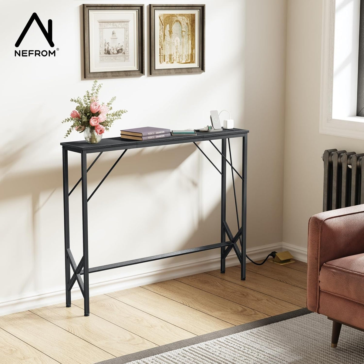 39.4" Console Table, Skinny Entryway Table with Fast-Charging Station, Narrow Long Sofa Table