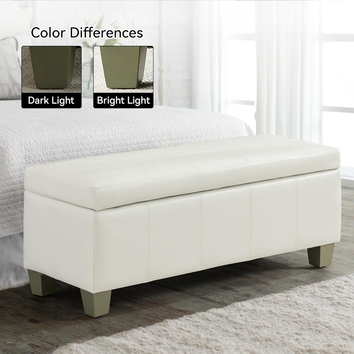 51" Faux Leather Storage Ottoman, Stitch Tufted Rectangle Upholstered End of Bed Storage Bench