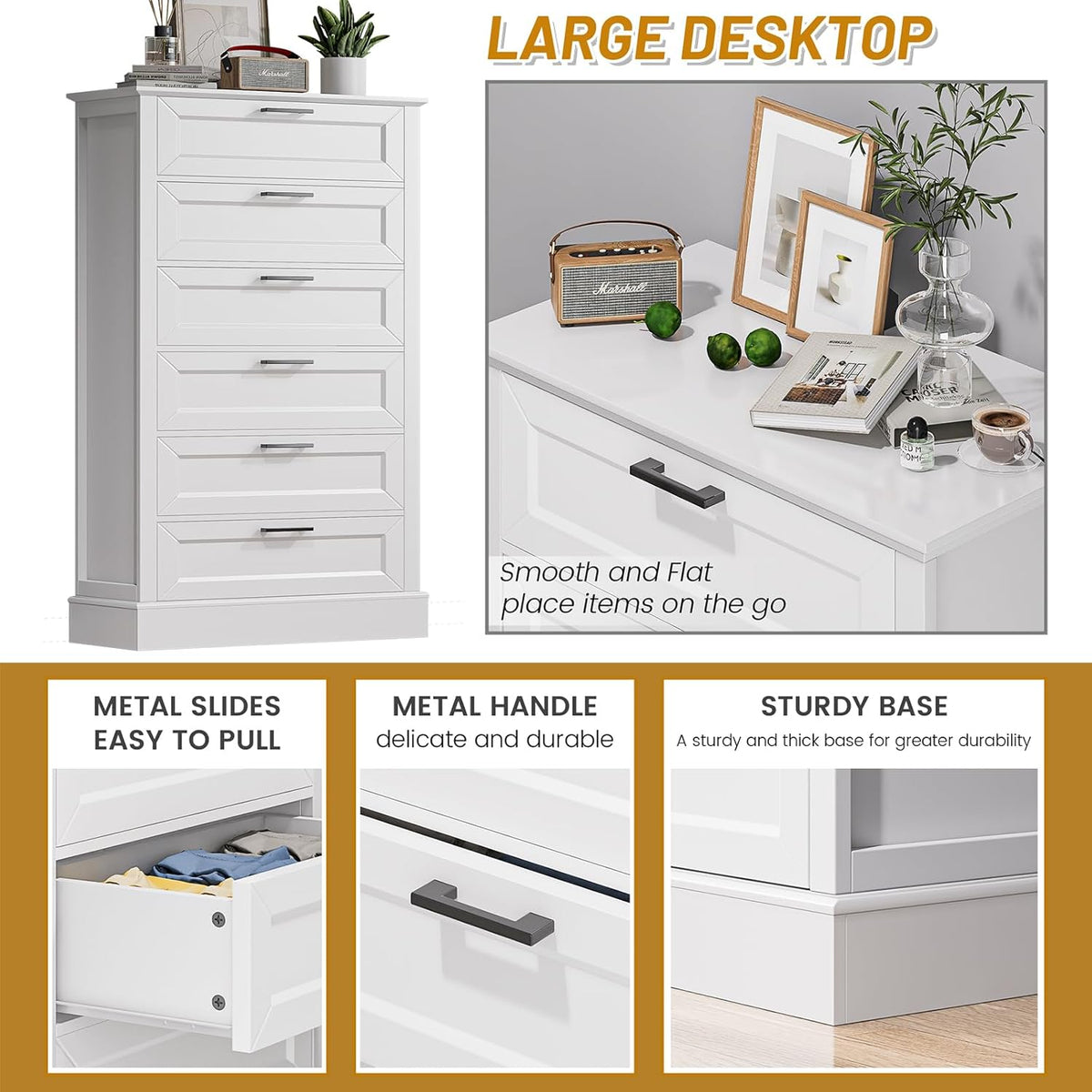 White 6 Drawer Dresser, 55 Inch Tall White Dresser for Bedroom, Modern Farmhouse Style Chest of
