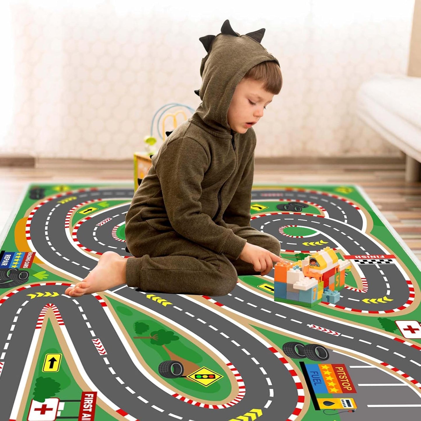 Kids Rug Play Mat Playroom Rugs Car Rugs for Kids Toy Cars Race Track for Classroom Rug(Race-Green