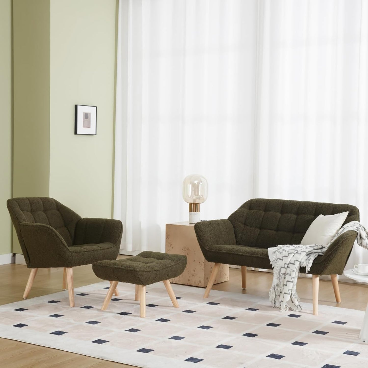 Green Sherpa Accent Chair with Ottoman ,Modern Reading Chair with Ottoman Set, Comfy Fuzzy Armchair
