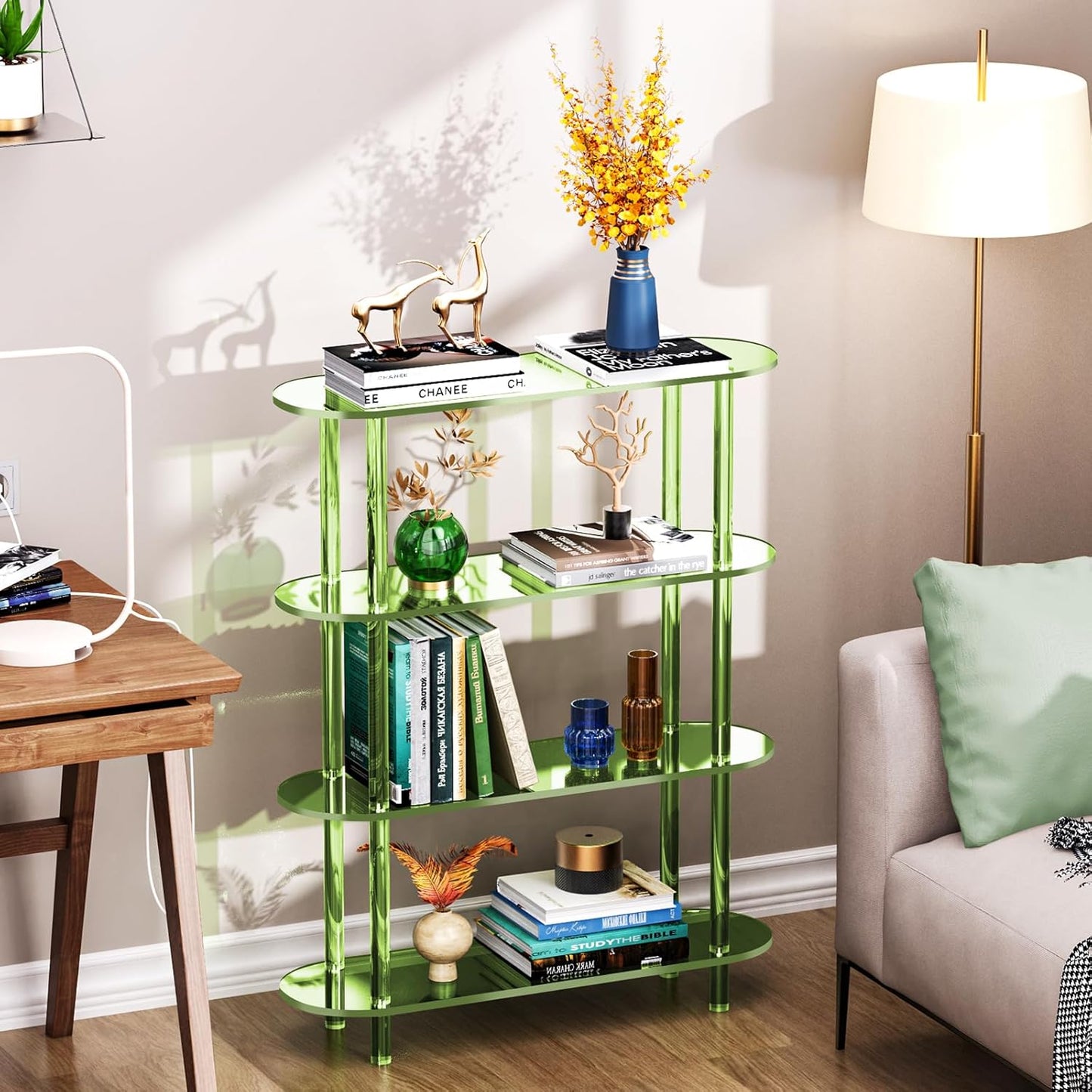 Clear Bookshelf, Acrylic Bookcase with Open Book Shelf Console Table for Entryway Office (4 Tier