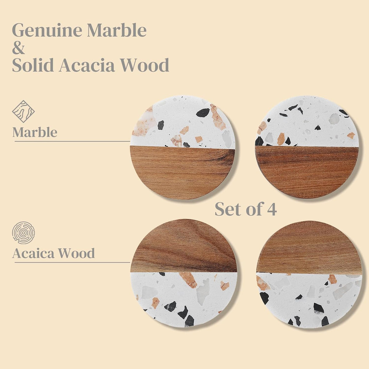 Drink Acacia Wood-Marble Coasters Set of 4,Cup Coaster for Coffee,Beverage,Cute Modern Cool