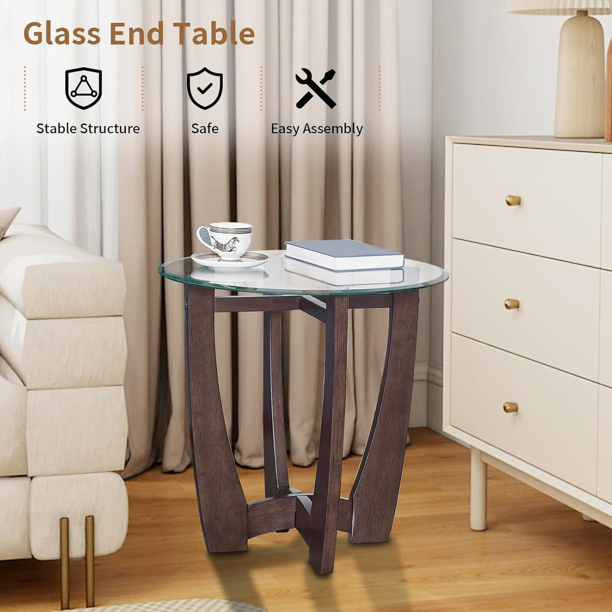 Glass End Table, 23.5" Round Side Tables with Tempered Glass Top Cross and Solid Wood Base Small