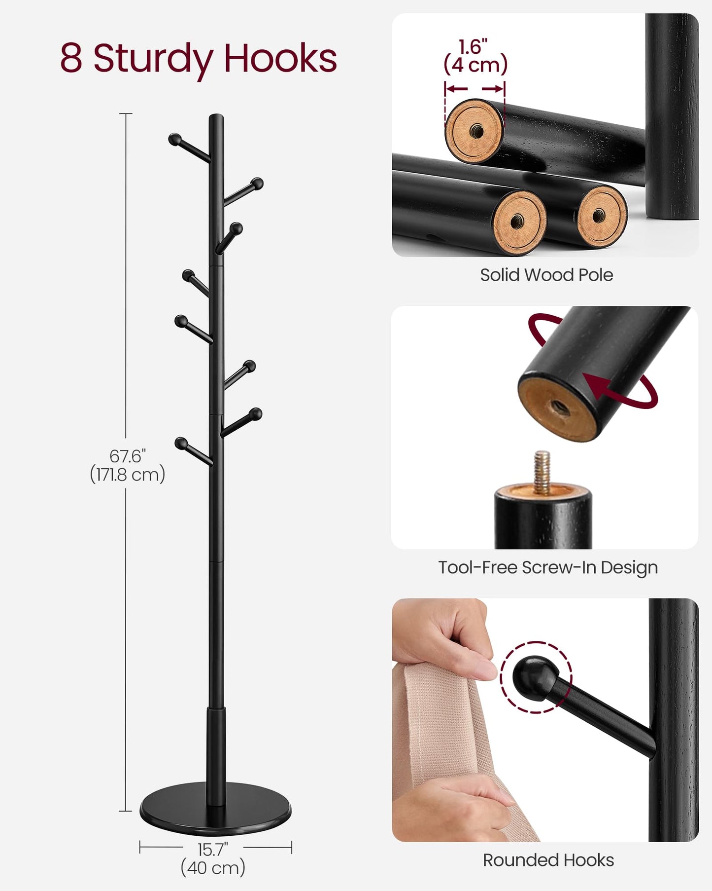 VASAGLE Solid Wood Coat Rack, Free Standing Hall Coat Tree with 8 Hooks, 3 Height Options, for