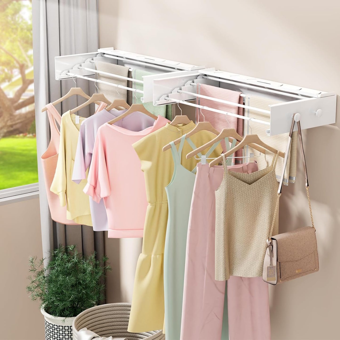 Wall Mounted Drying Rack with 4 Hooks and Shelf, Foldable Clothes Drying Rack for Laundry Room