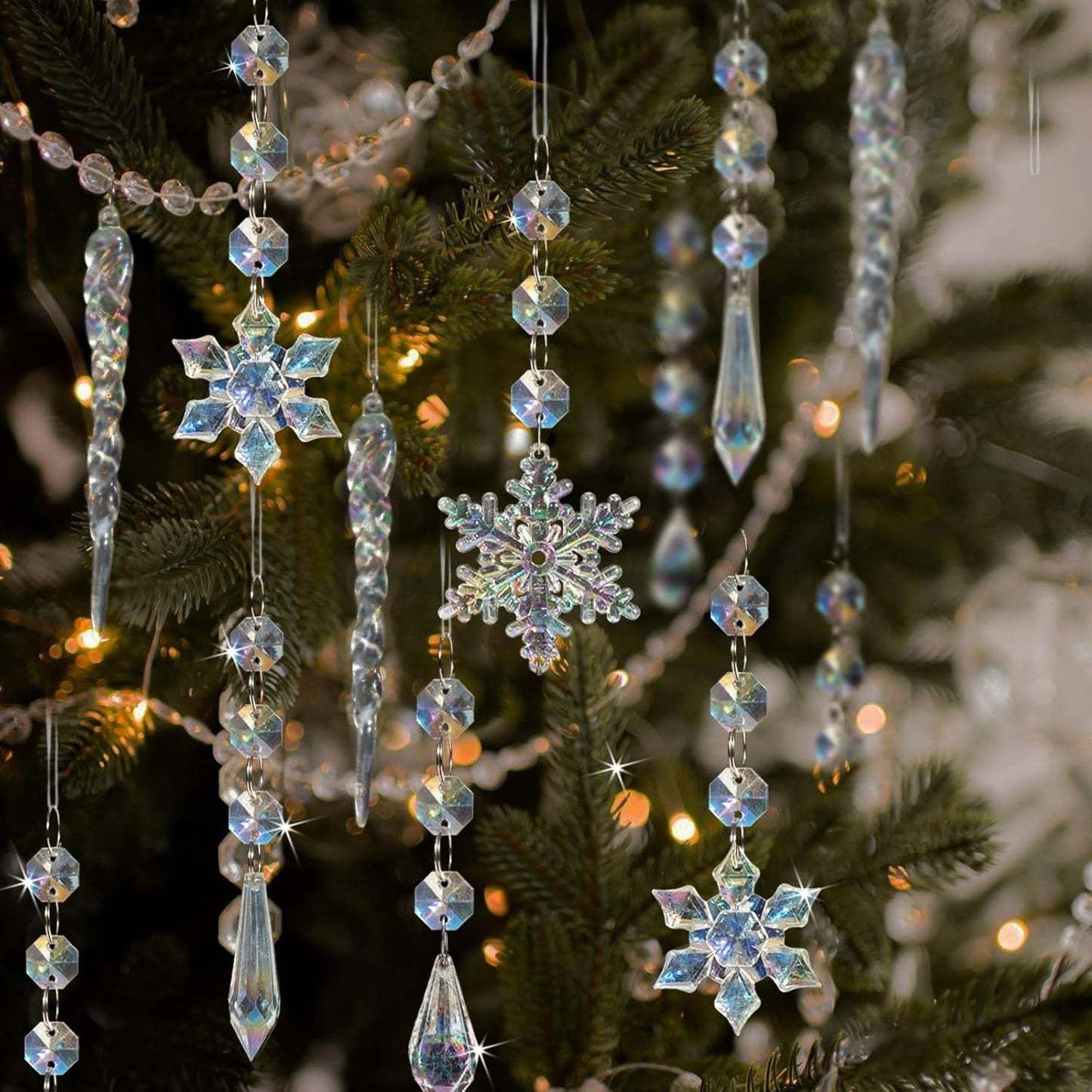80pcs Christmas Crystal Snowflake Ornaments for Tree - Iridescent Christmas Acrylic Snowflakes Drop