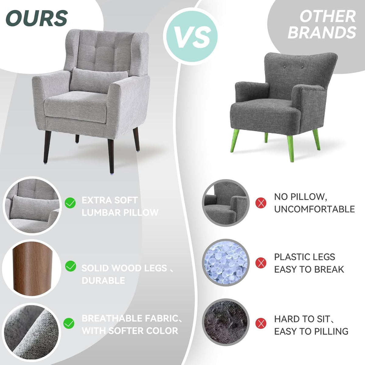 Accent Chair Set of 2, Upholstered Armchair with Pillow, Fabric Single Sofa Chair with Lounge Seat