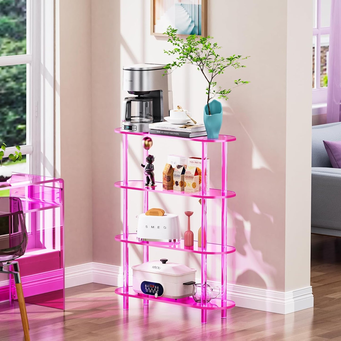 Clear Bookshelf, Acrylic Bookcase with Open Book Shelf Console Table for Entryway Office (4 Tier