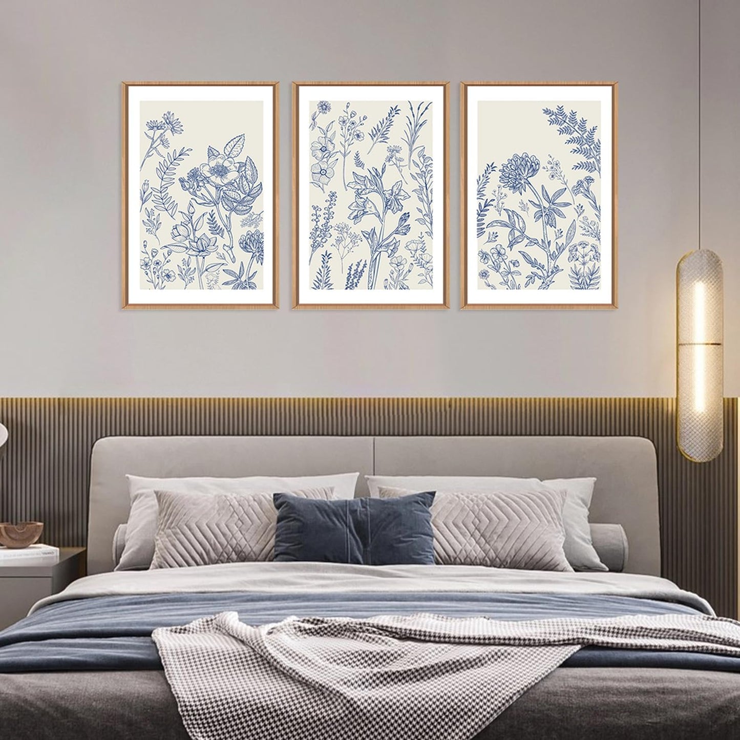 HPINUB Classic Chinoiserie Floral Framed Canvas Wall Art Set,Watercolor Blue and White Botanical