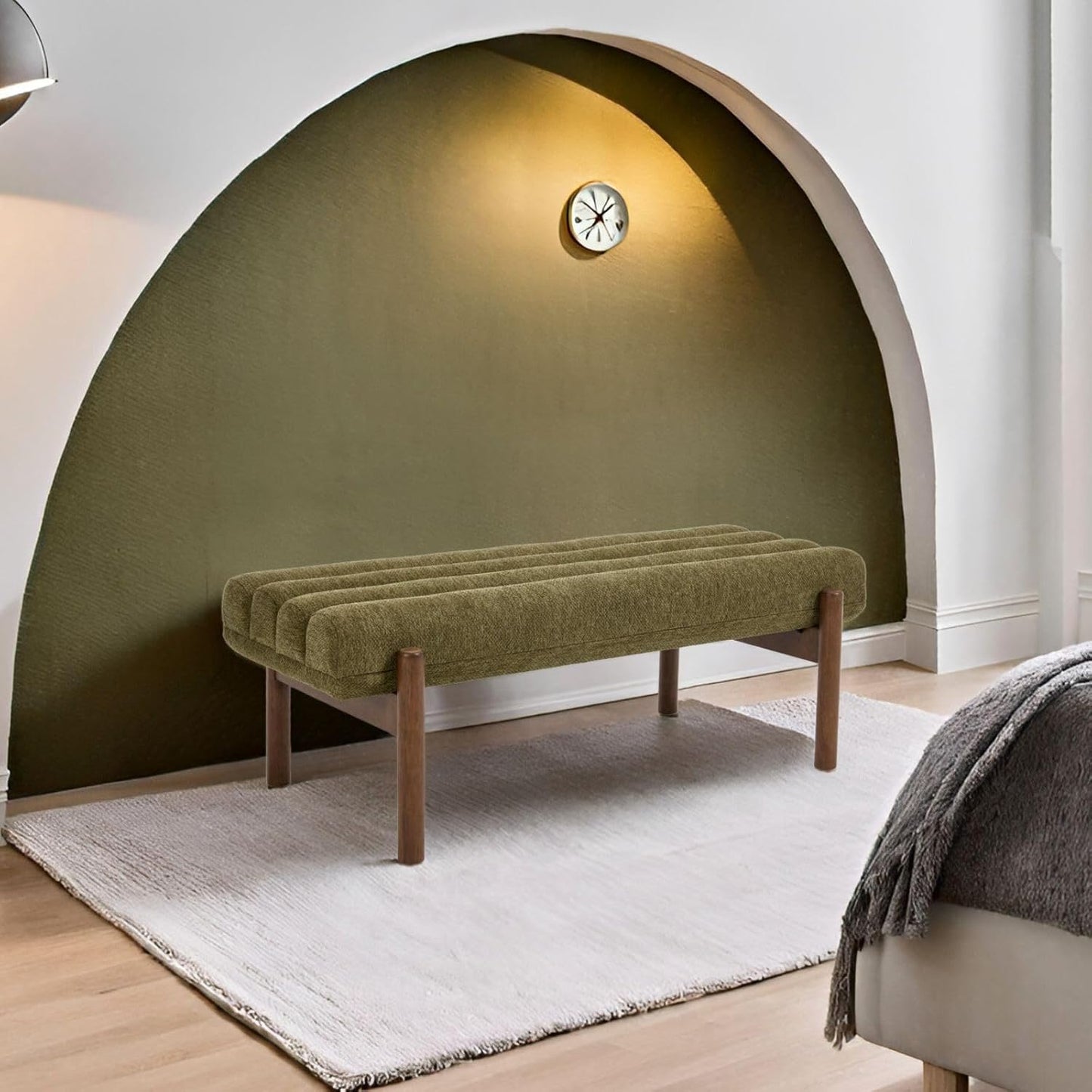 Green Upholstered Bench Modern End of Bed Bench Chenille Fabric Bedroom Bench for Entryway Living