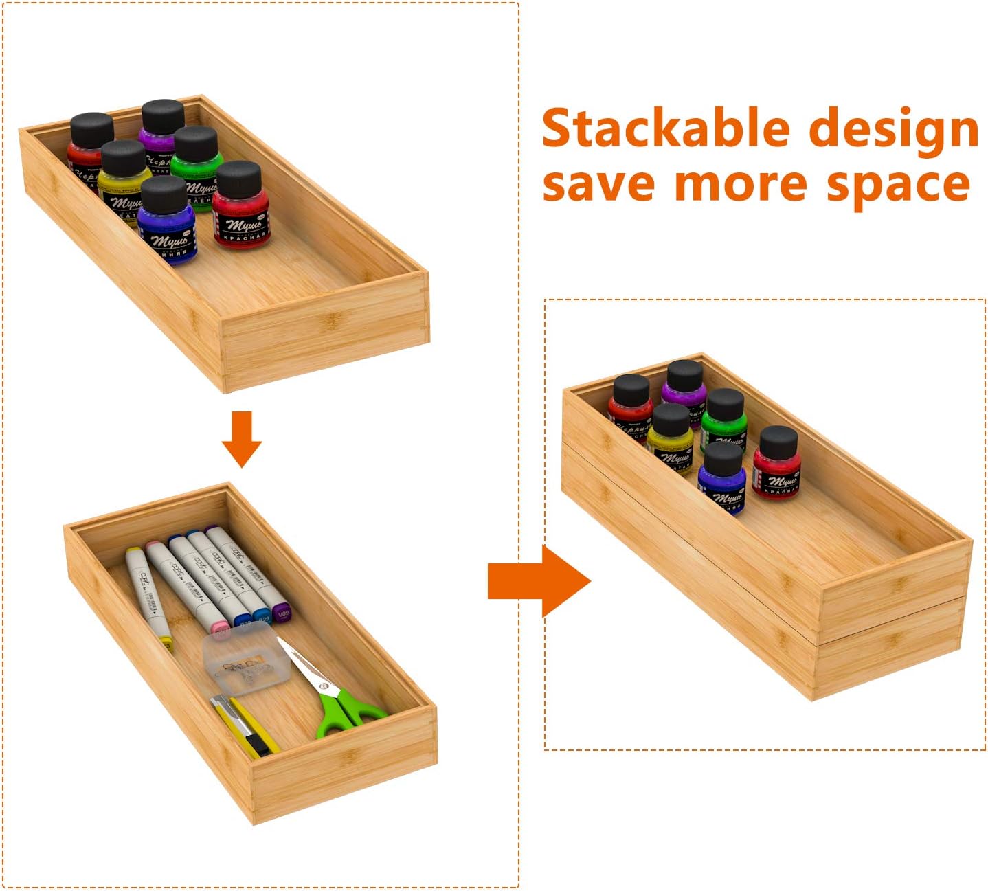 Drawer Organizer Storage Box Kitchen - Wood Stackable Tray Utensil Organizer for Office