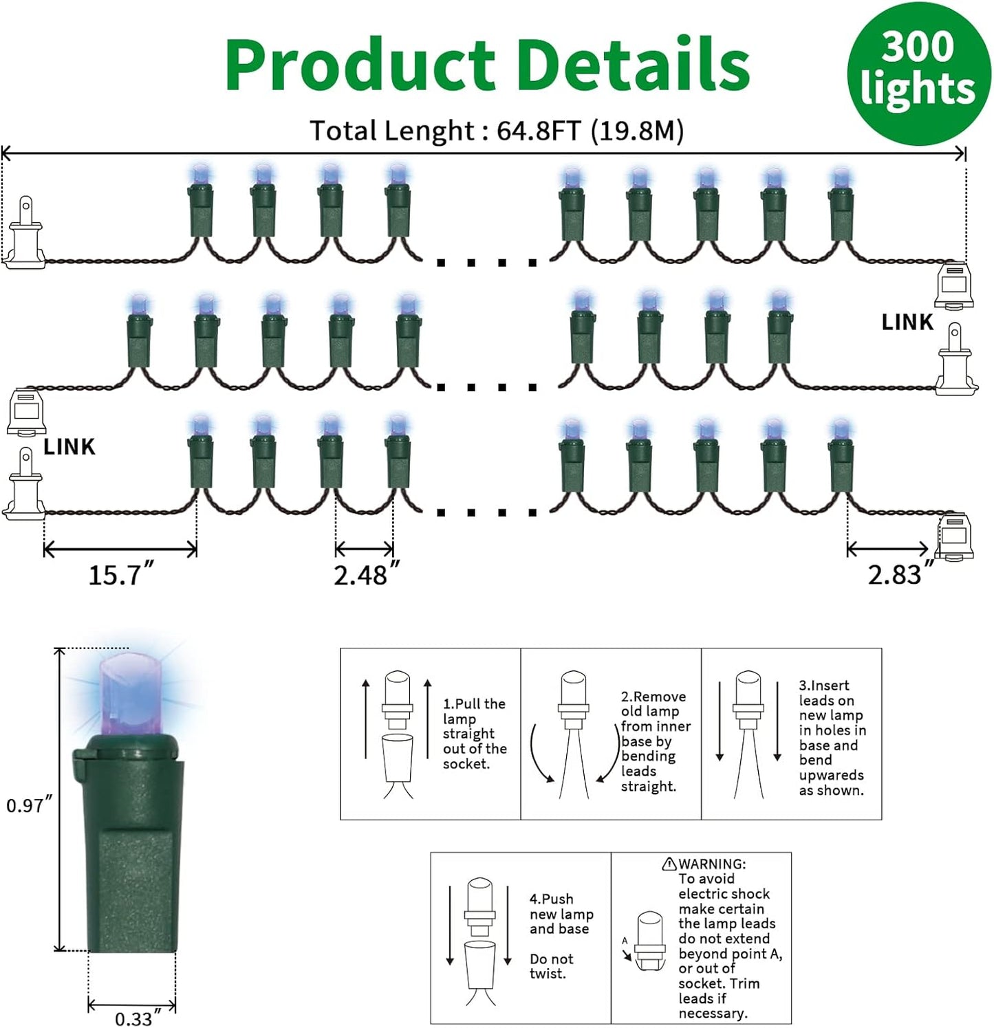 Blue Wide Angle LED Christmas Lights, 64.8 Ft 300 Count, Pack of 3 Strands 21.9 Ft 100 Lights UL