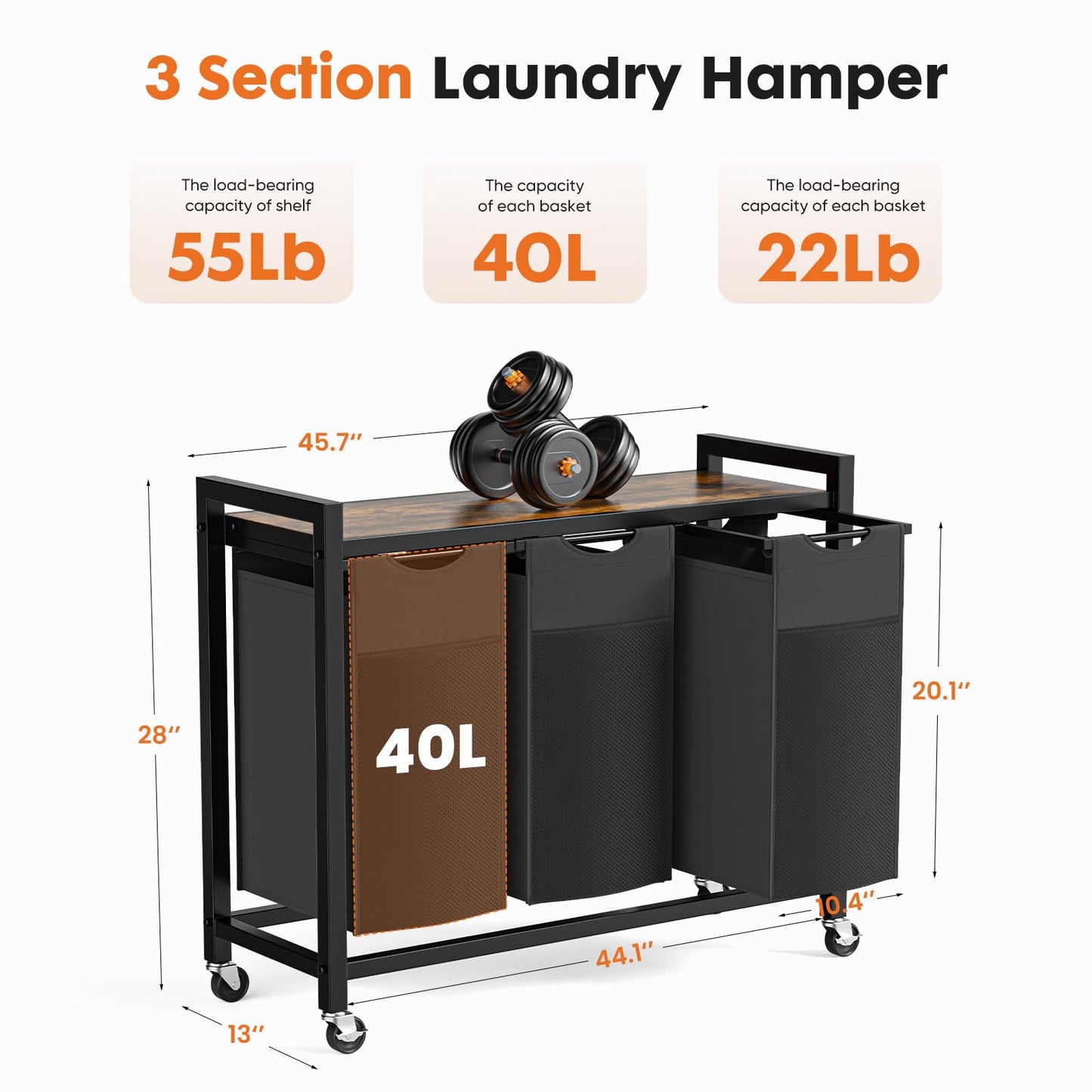DUMOS Laundry Sorter 3 Section, 3 x 10.6 Gal (120L) Rolling Laundry Basket