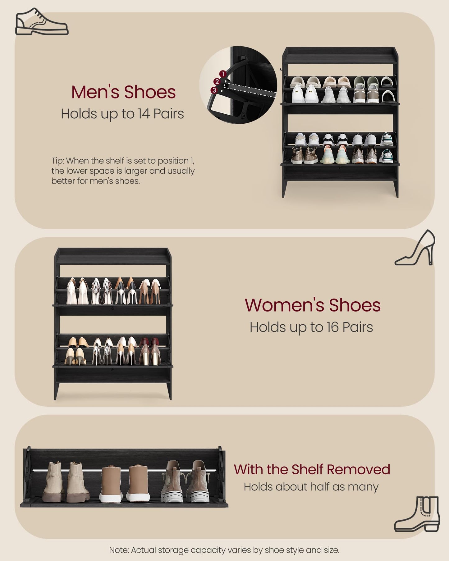VASAGLE Narrow Shoe Storage Cabinet Organizer with 2 Flip Drawers
