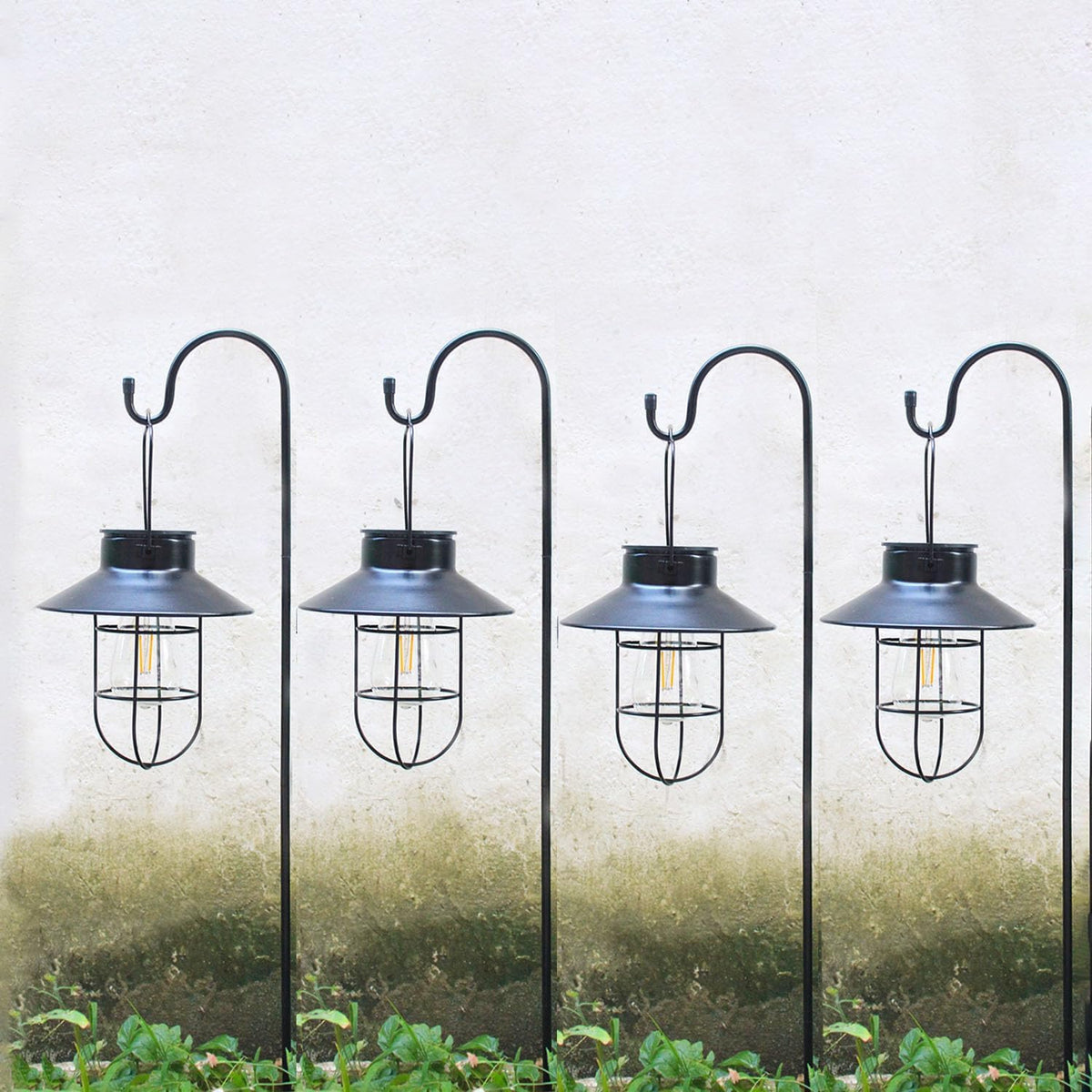 4 Pack Hanging Solar Lantern Lights with Shepherd Hook, Metal Waterproof Warm White Edison Bulb