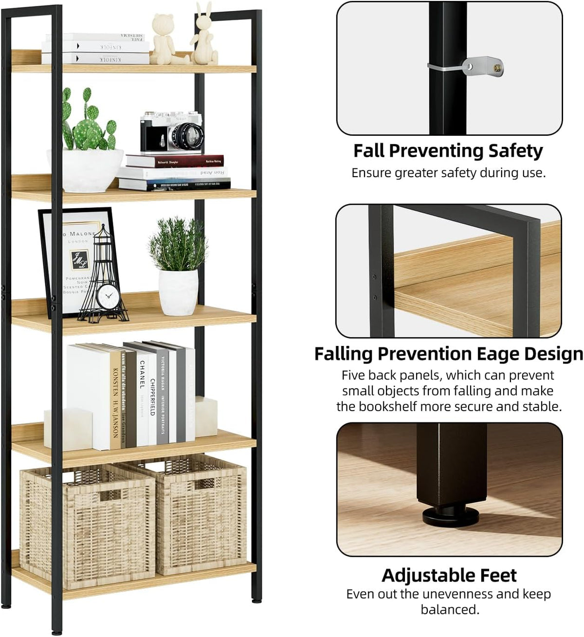 NUMENN Bookshelf, 5 Tier Bookshelves, Home Office Bookcase Shelf Storage Organizer, Free Standing