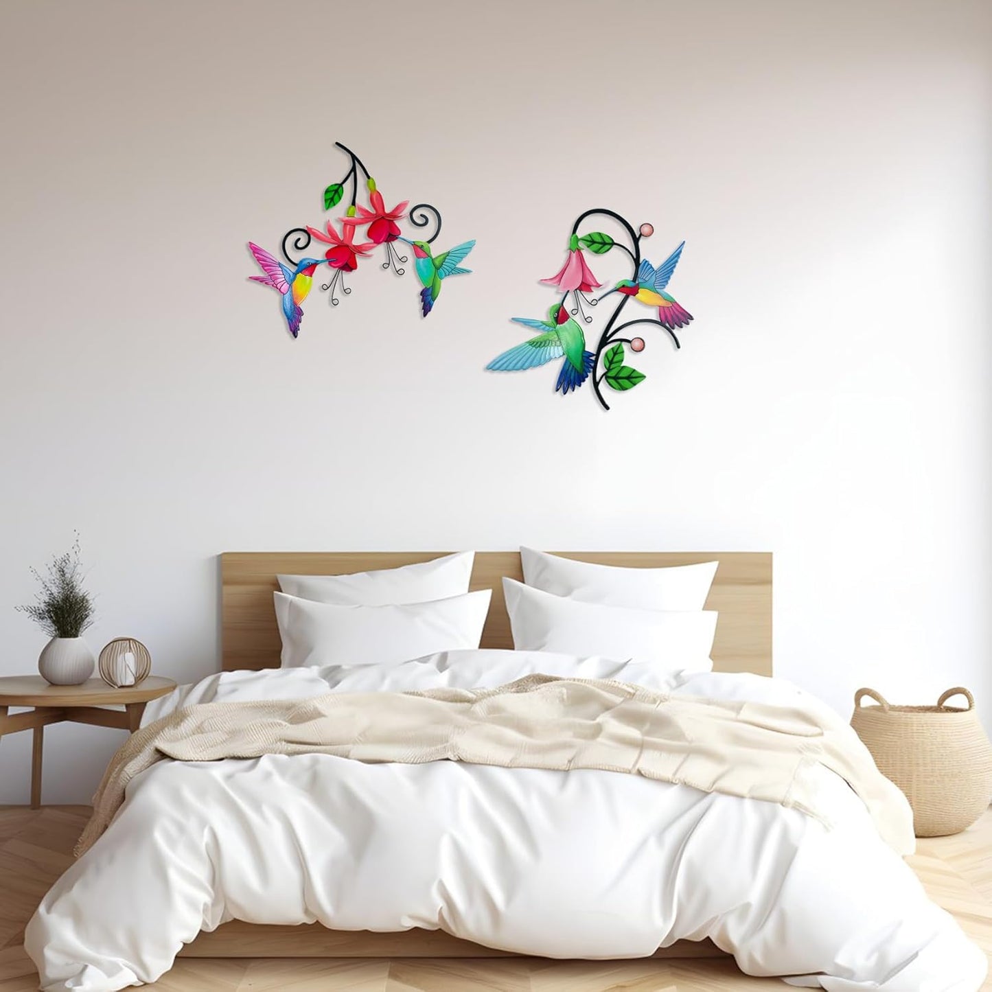2 Pack Metal Hummingbird & Flower Outdoor Wall Art Decor, Creative Wall Decor for Patio, Fence