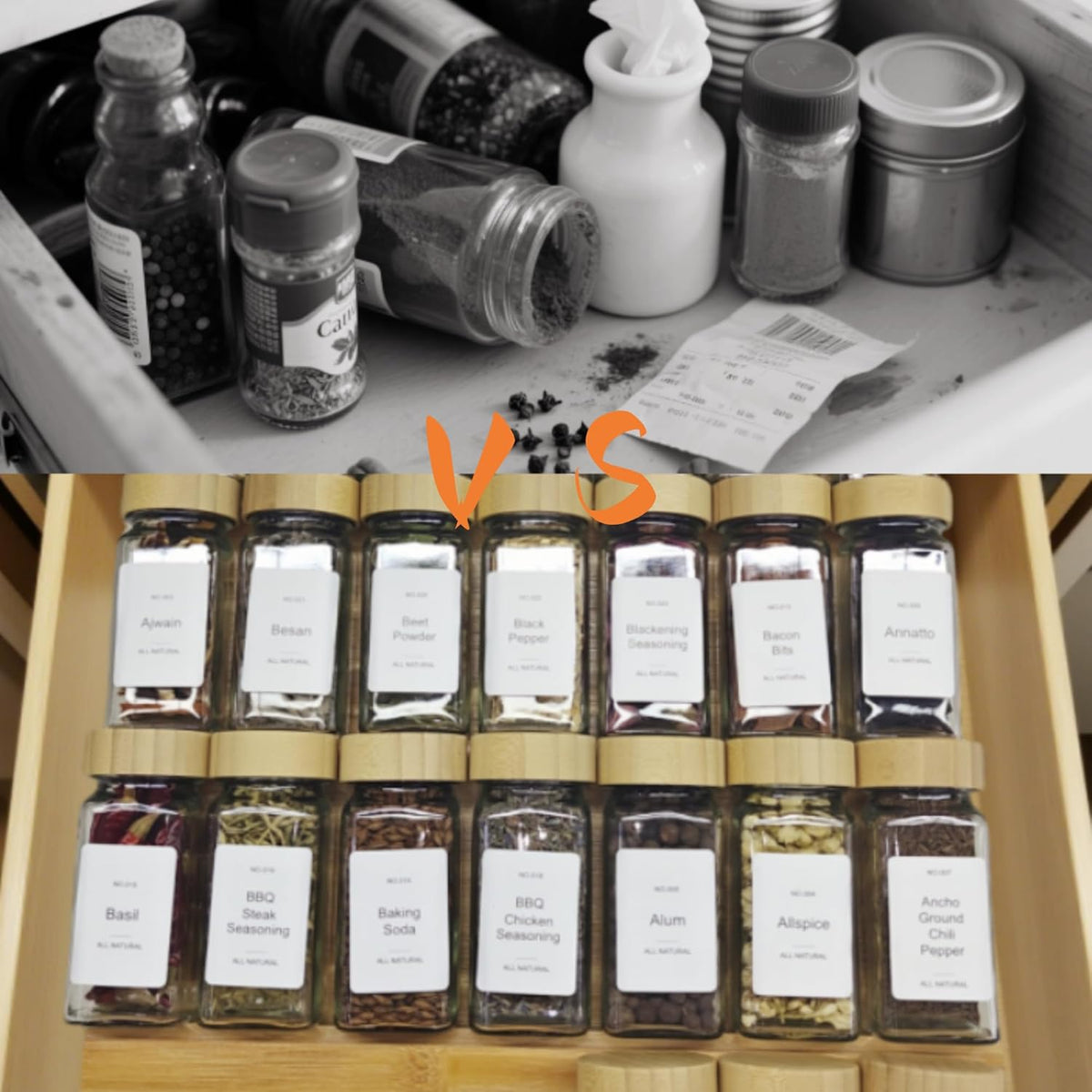 Spice Drawer Organizer with 24 Bamboo-lidded Spice Jars and 216 Labels,Non-slip Rubber, Bamboo 4