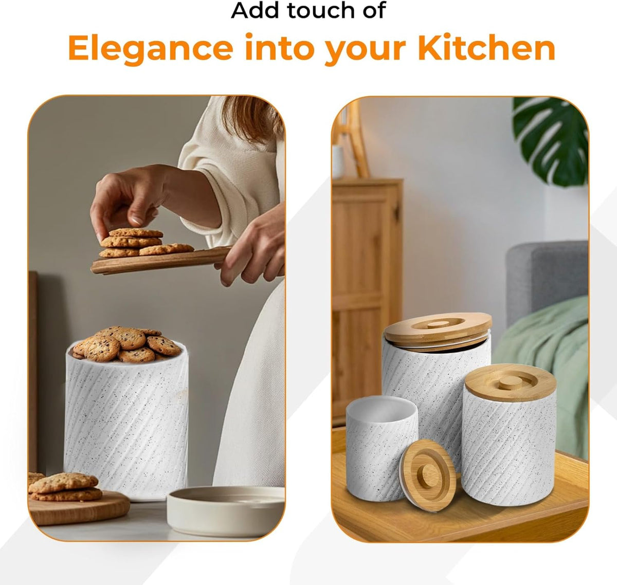 Ceramic Canister Set for Kitchen Countertop & Pantry – 3 Airtight Food Storage Containers for
