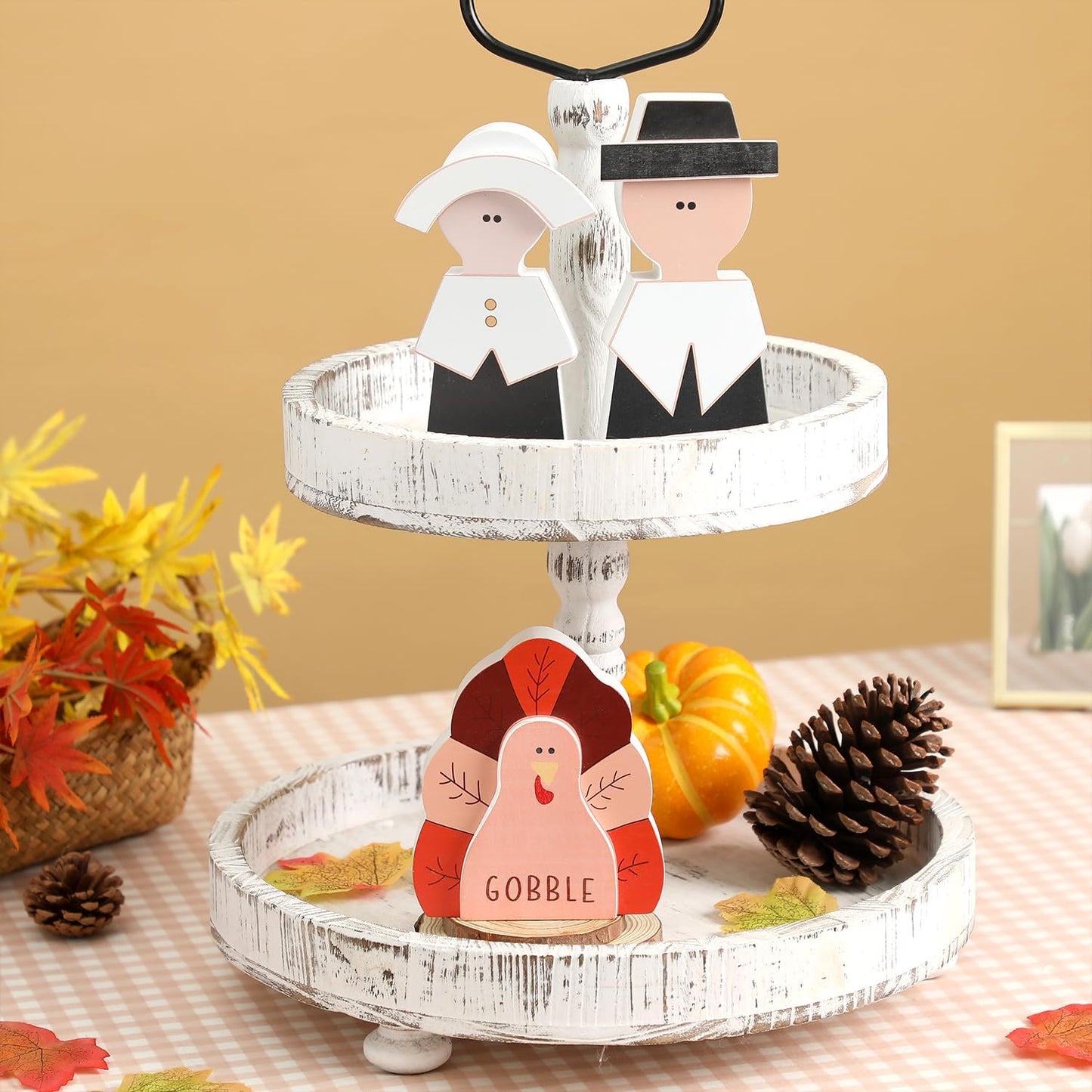 Amorita Fall Thanksgiving Decorations Wooden Turkey Pilgrim Couple Table Sign 3 Pcs Fall