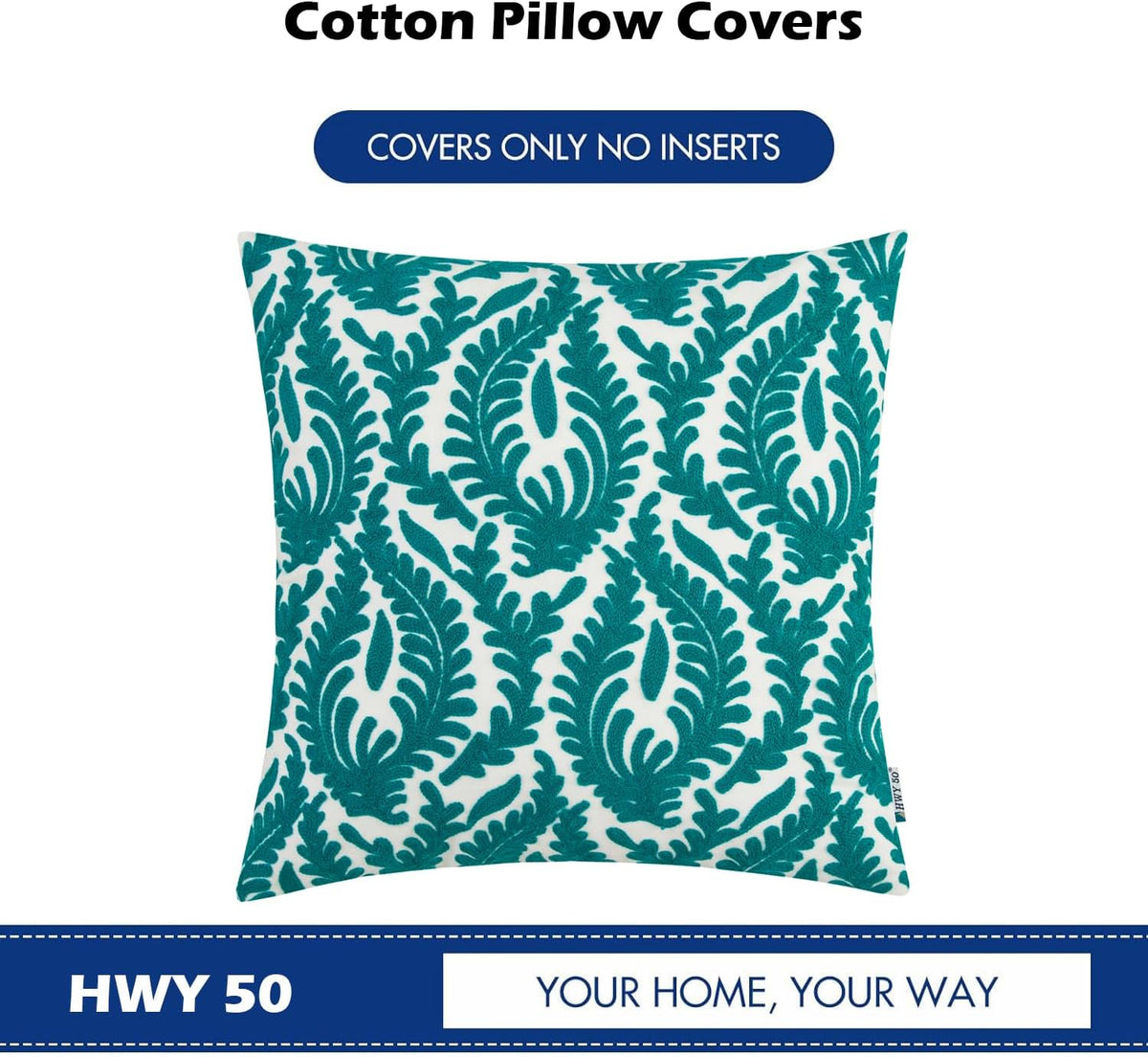 HWY 50 Teal Decorative Throw Pillow Covers 18x18 Inch (1 Piece), Embroidered Cotton Farmhouse