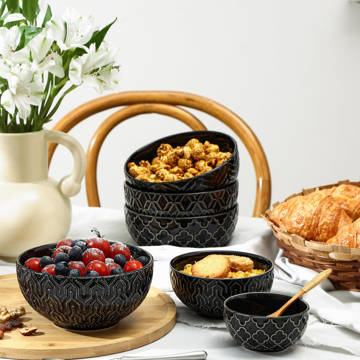 Sureasy Ceramic Ice Cream Bowls, 12oz Embossed Dessert Bowls Set, 4.6 Inch Stoneware Small Bowls