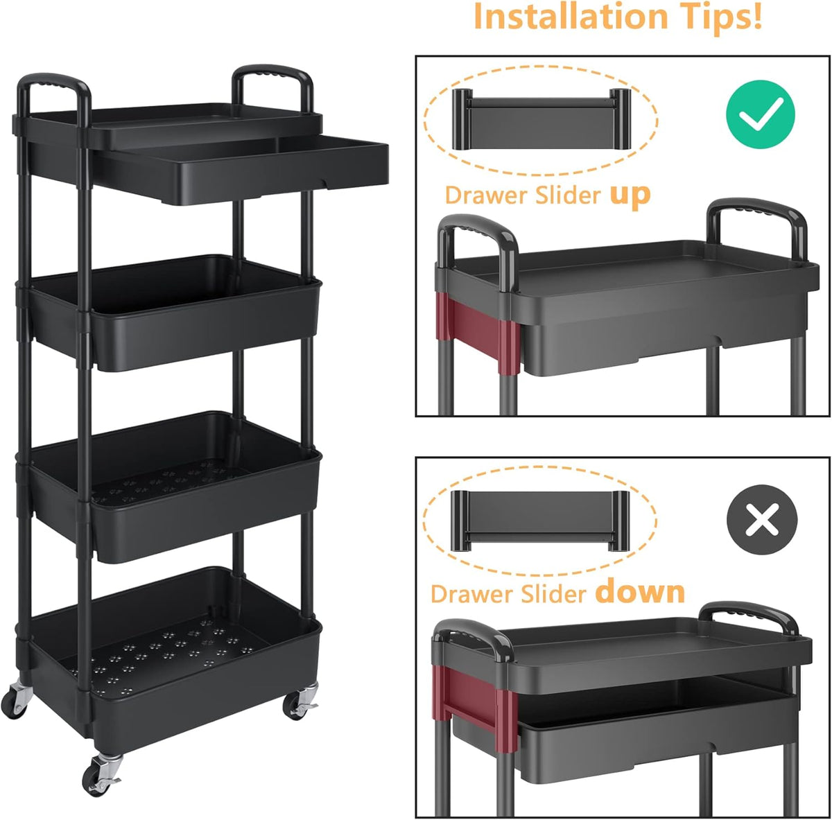 Calmootey 4-Tier Rolling Utility Cart with Drawer,Multifunctional Storage Organizer with Plastic