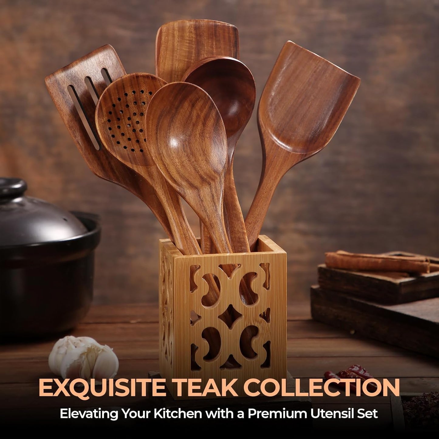 AIUHI Nonstick Natural Wooden Kitchen Utensils Set, Smooth Finish Teak Wood Spoons for Cooking