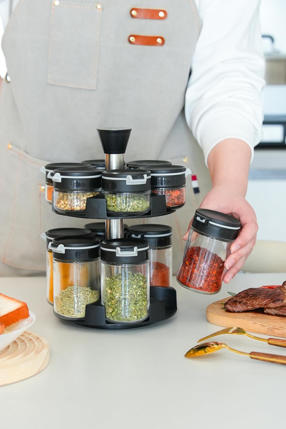 360 rotating 2 tier jars spice rack (6 small 6 large spice jars) Revolving Seasoning Organizer.