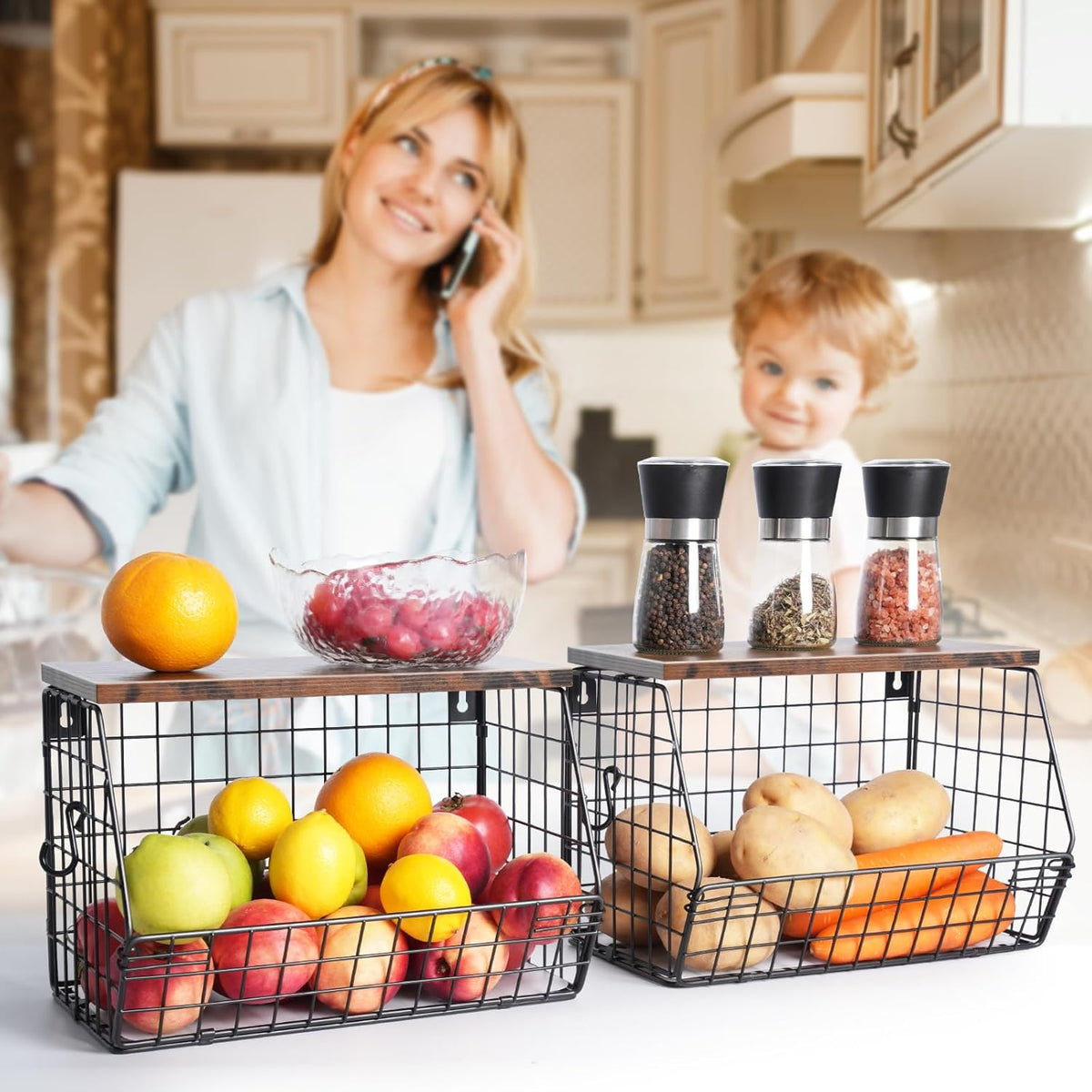 Fruit Bowl, Stackable Wall Mounted Fruit Basket of Smooth Wood Lid with 4 Banana Hanger Hooks