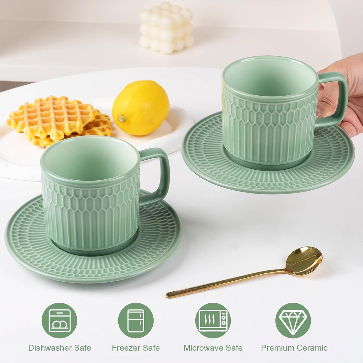 Large Cappuccino Cups with Saucers Set of 4, 8 Ounce Stackable Embossed Ceramic Coffee Mugs for