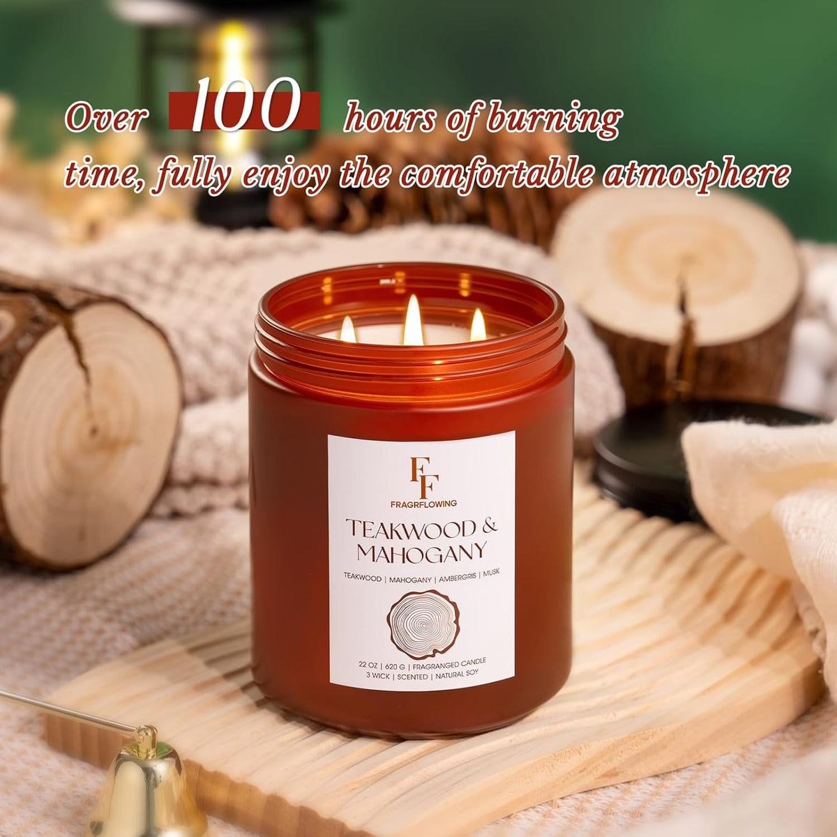 Teakwood & Mahogany Large Scented Candle, 3-Wick 22oz Long Lasting Scented Candle, Natural Soy Wax