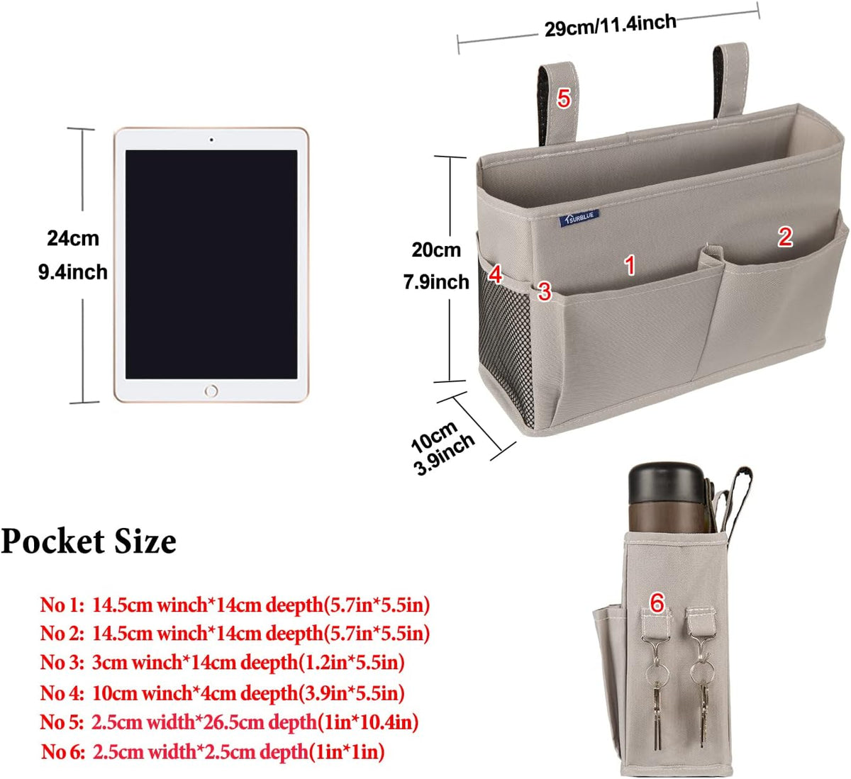 Surblue Bedside Caddy Hanging Bed Organizer Storage Bag Pocket for Bunk and Hospital Beds, College