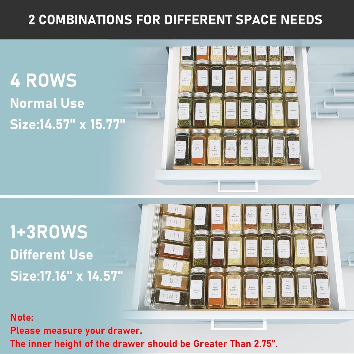 Spice Drawer Organizer with 28 Spice Jars,216 Labels,25 Non-slip Rubber, Bamboo 4 Tier Seasoning