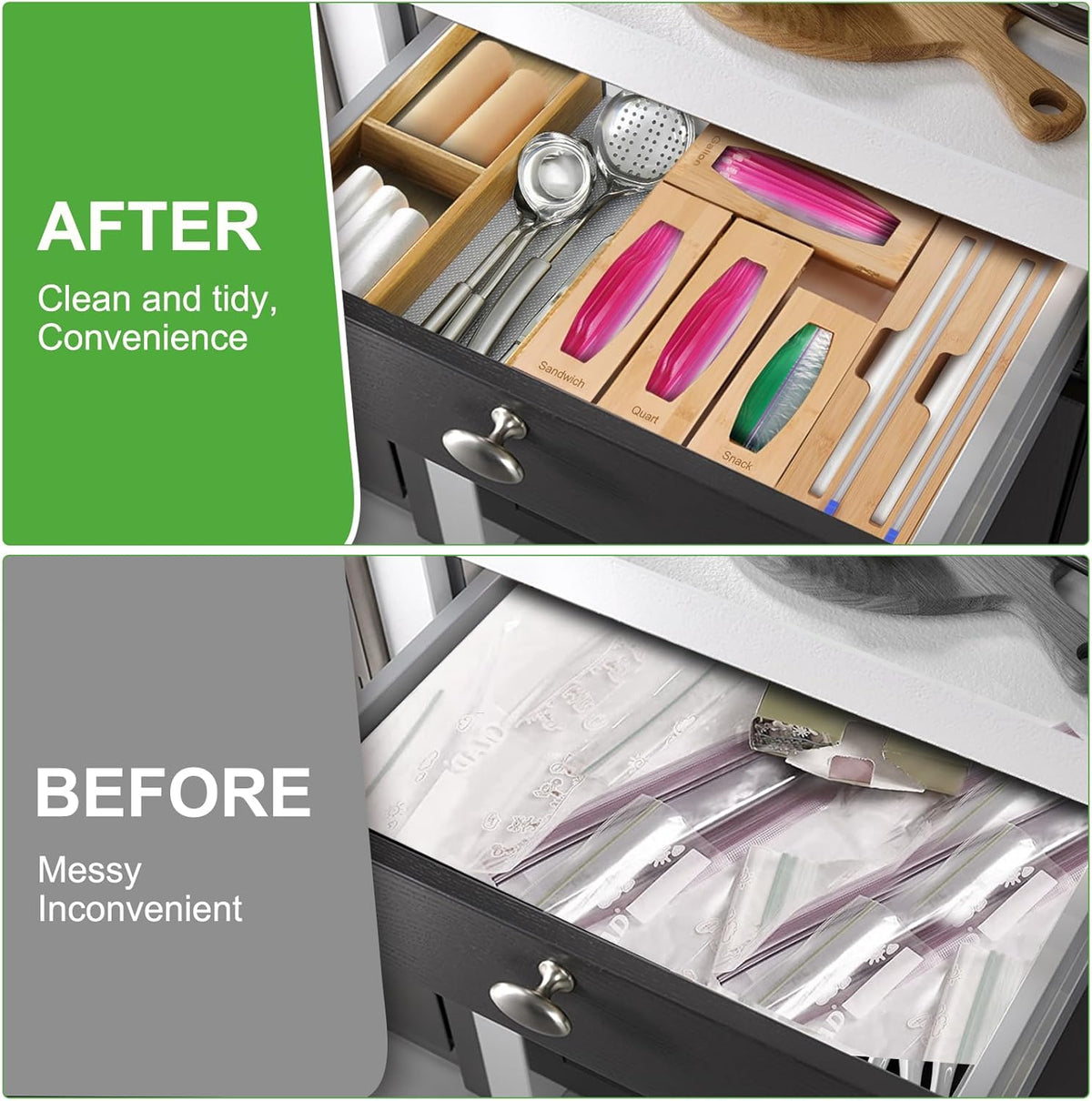 Individual Storage Bag Organizer for Kitchen Drawer, Bamboo with Foil and Plastic Wrap Organizer