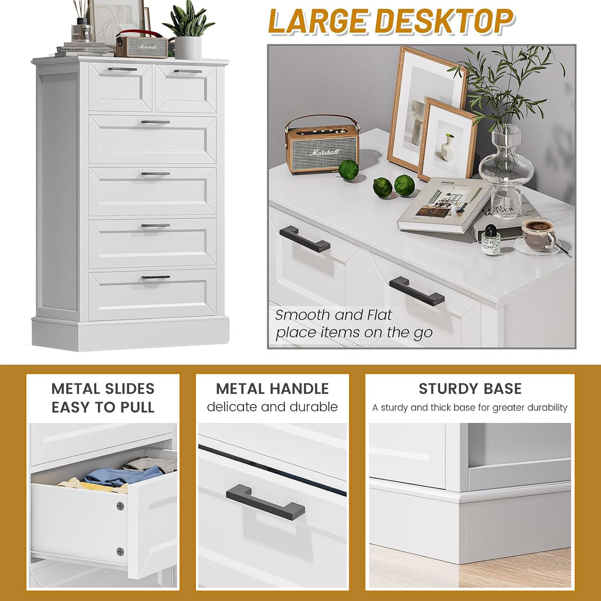 Odeekea White Dresser with 6 Drawers, Vertical Tall Dresser for Bedroom, Chest of Drawers for