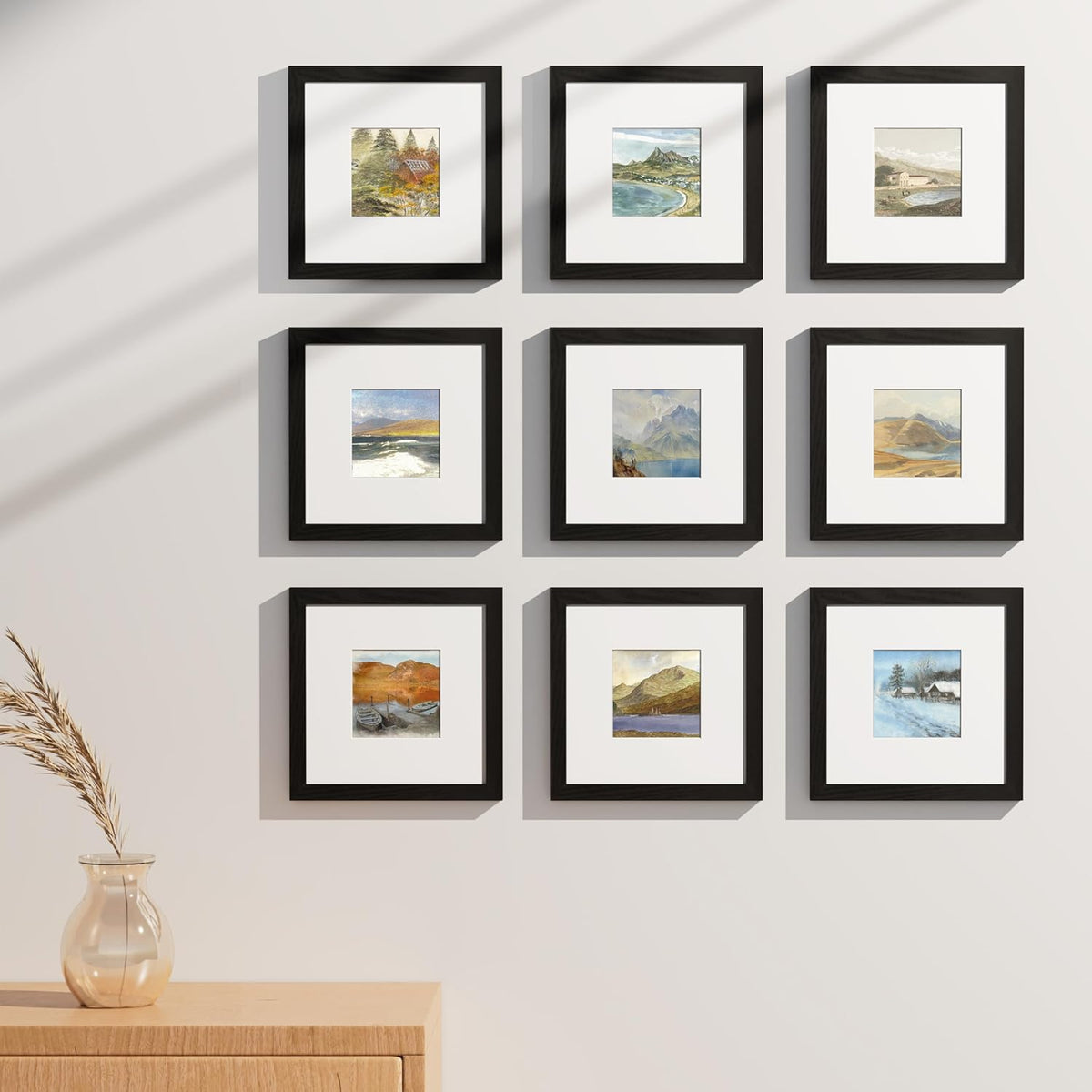 Vittanly 8x8 Picture Frames Set of 9, Shatter Resistant Plexiglass, Display 4x4 Pictures with Mat