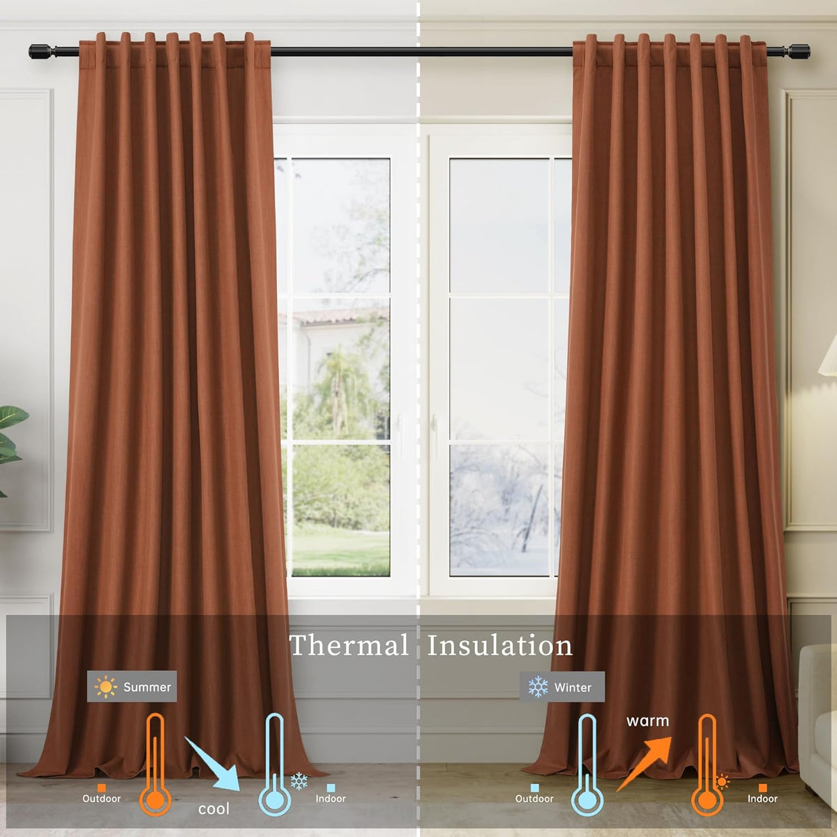 BOODII Terracotta 120 Inch Long Blackout Curtains for Living Room Linen Blend Back Tab Neutral