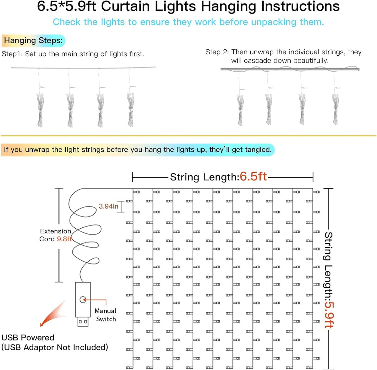 suddus Curtain Lights, 180 Led 6.5 * 5.9ft Sunset Curtain Fairy Lights USB, Hanging Lights for