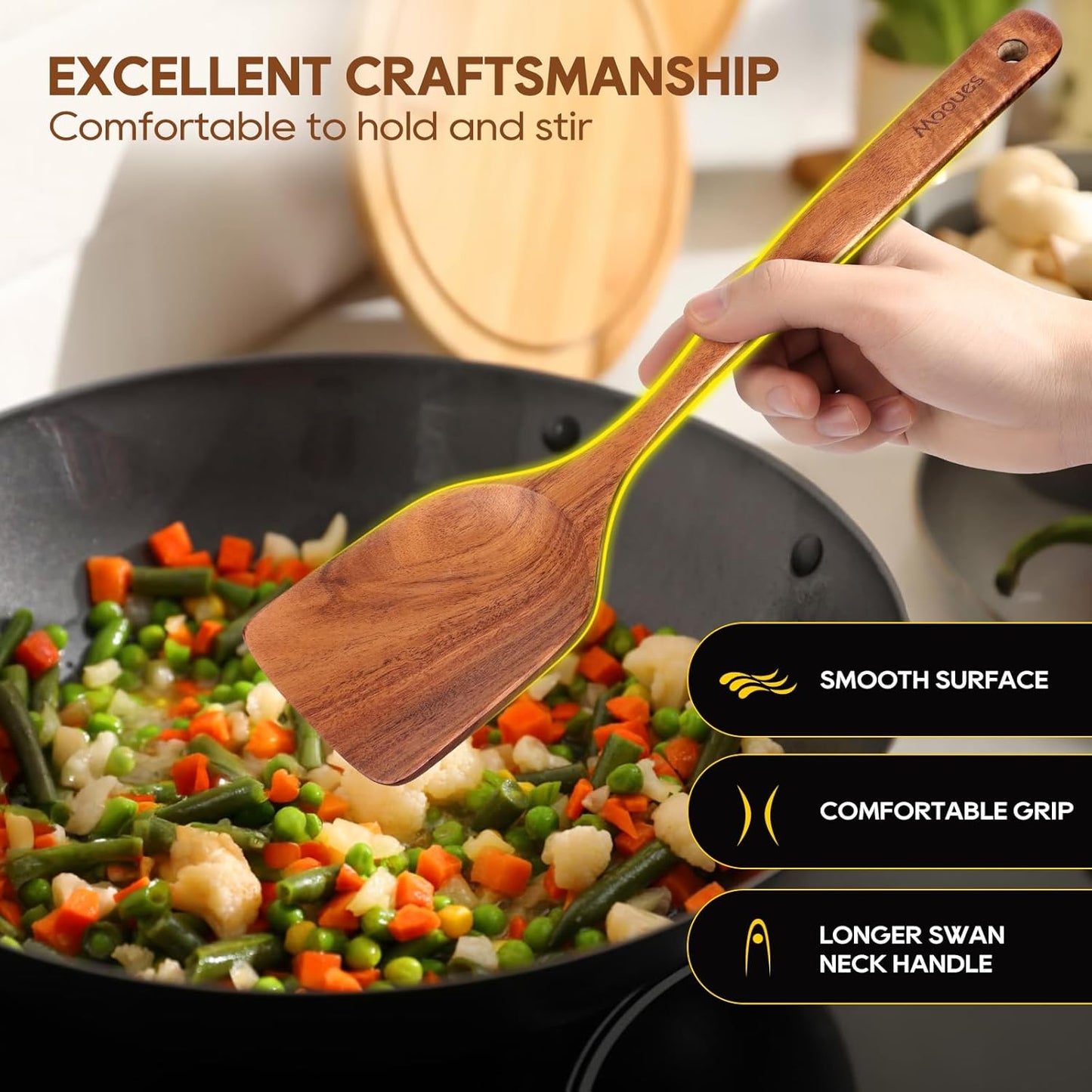 Wooden Spoons for Cooking, 10PCS Teak Wood Cookware Utensil Set with Hooks - Smooth Finish