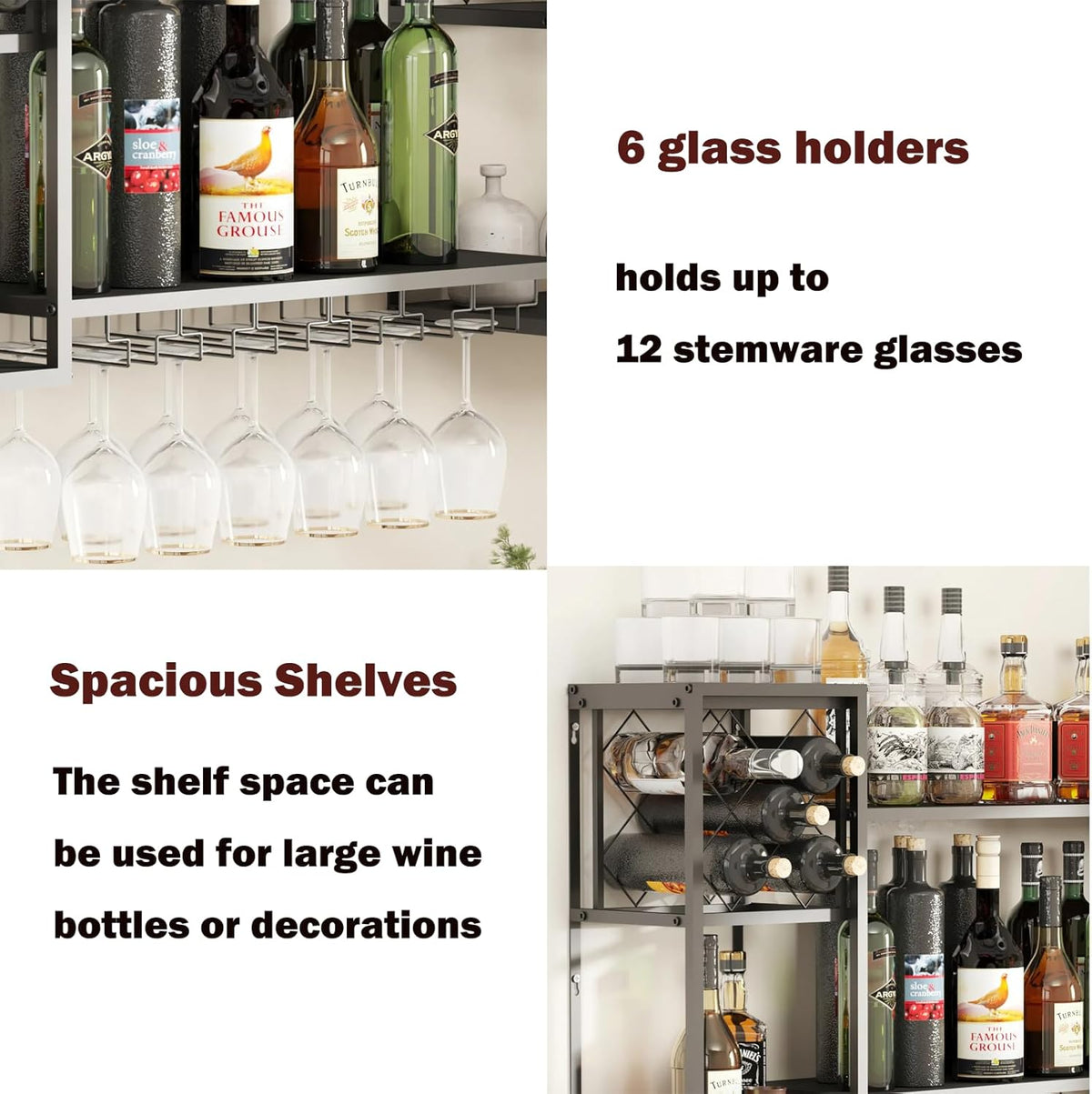 Wall Mounted Wine Rack with Glass Holder,Metal Floating Bar Liquor Shelves 2 Tier,Wine Glass Rack