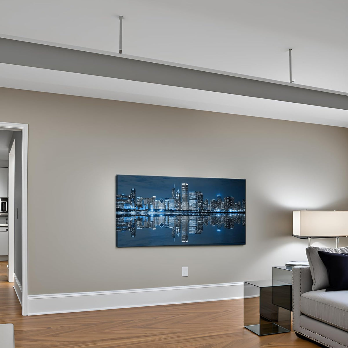 LevvArts Modern City Wall Art Chicago Downtown at Night Picture Print on Canvas Building Artwork