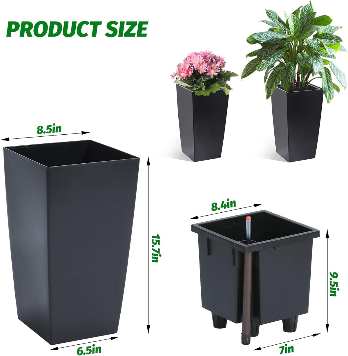 16" Tall Planters Set of 2, Outdoor&Indoor Black Planter Pots, High Front Porch Planter Pots with