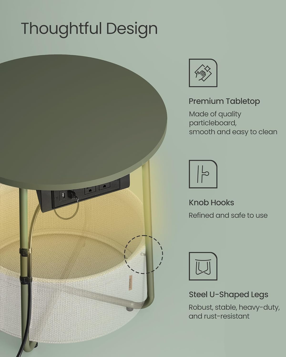 VASAGLE Side Table with Charging Station, Round End Table with Fabric Basket, LED Nightstand with
